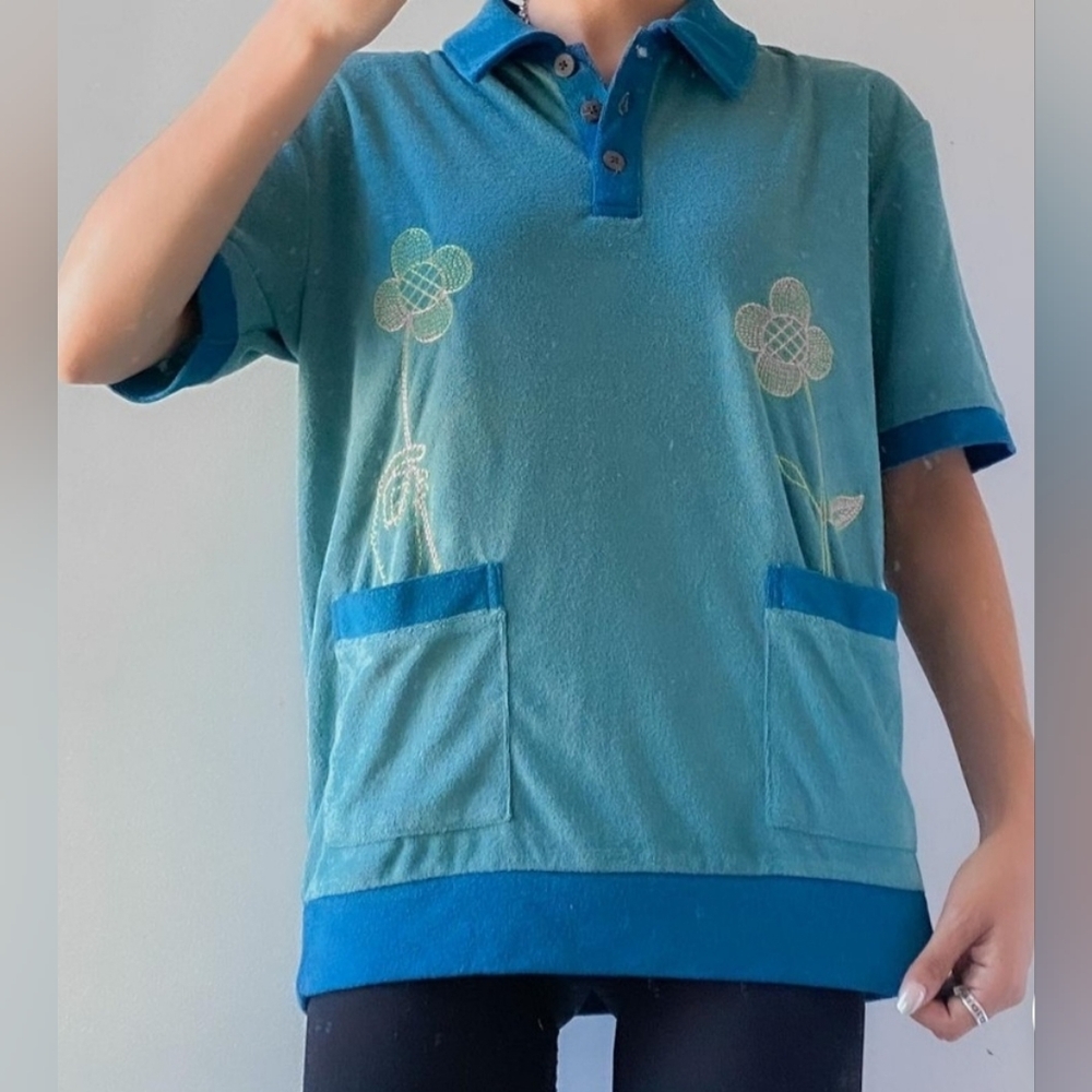 Teal Polo with Floral Embroidery